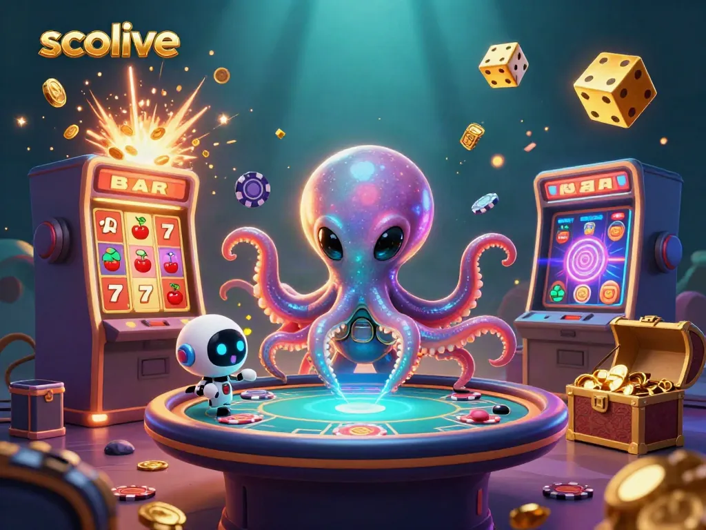 Socolive casino illustration with alien octopus and poker table, vibrant gaming elements