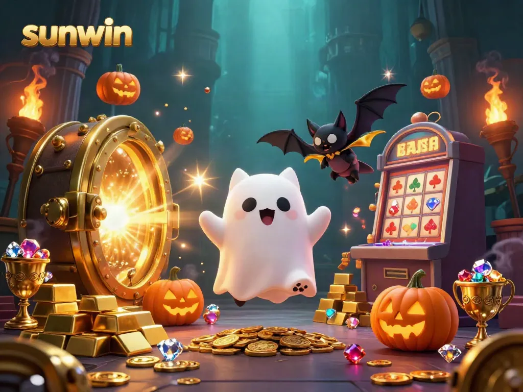 Experience thrilling gameplay with sunwin in a ghostly casino scene filled with treasures and adventures.