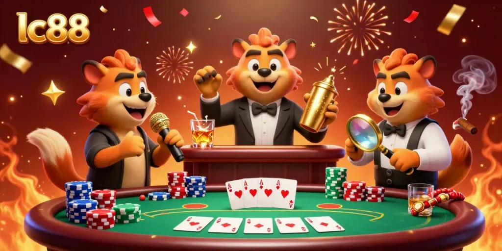 Hyenas entertain in the lc88 comedy casino scene featuring vibrant poker action and lively ambiance.