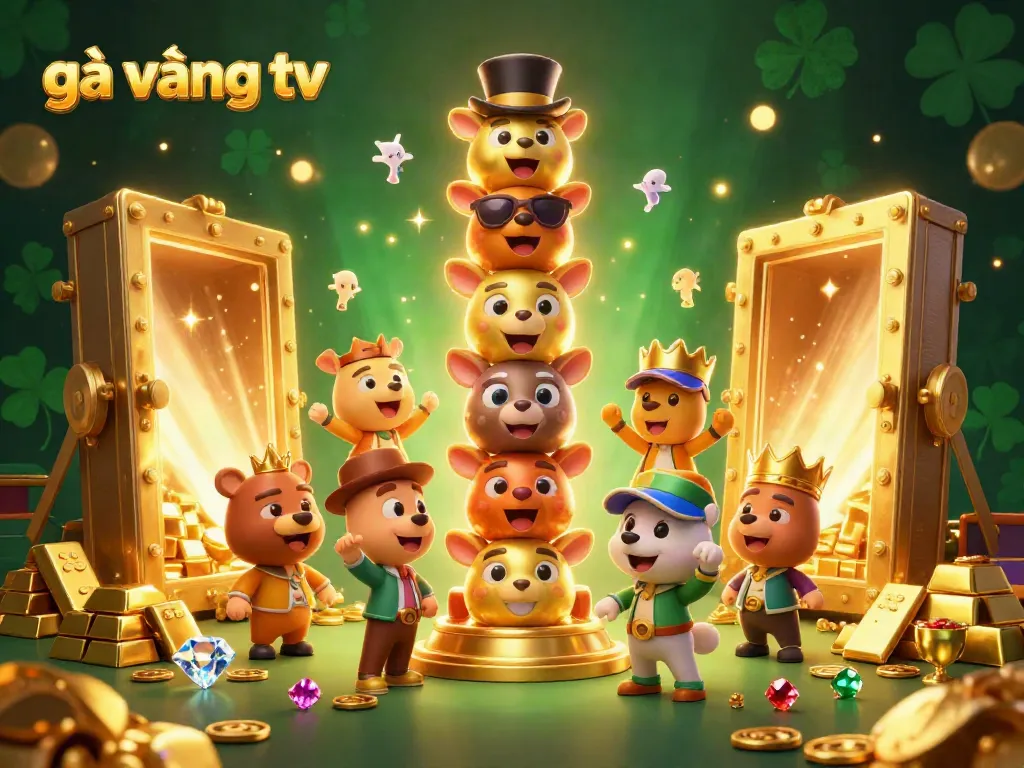 Experience the excitement of gà vàng tv with a vibrant casino-themed illustration showcasing a golden totem pole and treasure elements.