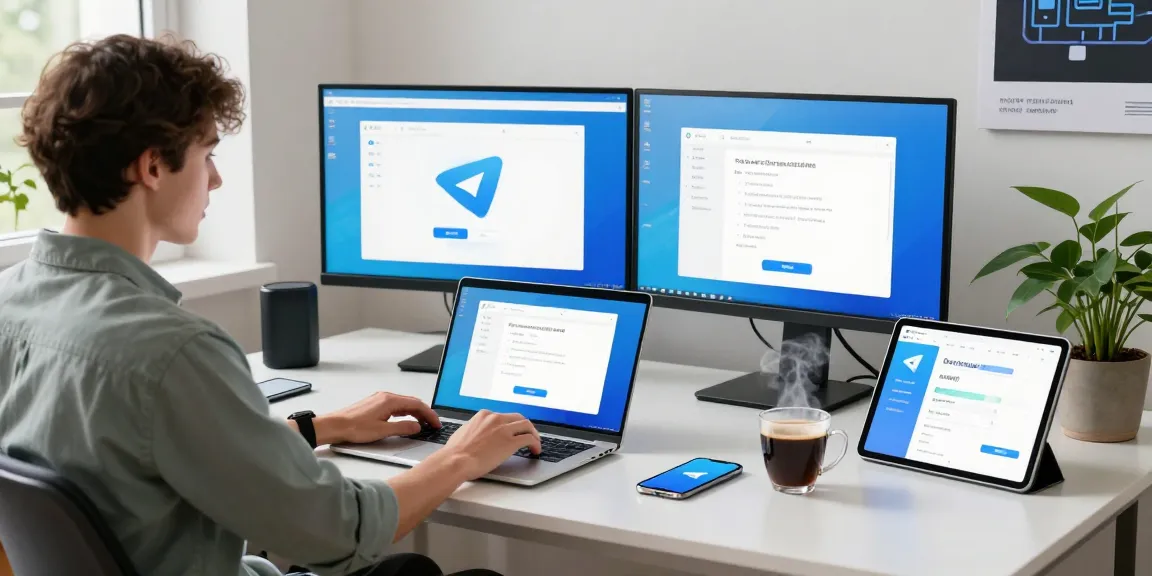 Customize Telegram Chinese settings on a modern workspace with dual monitors and tech gadgets.