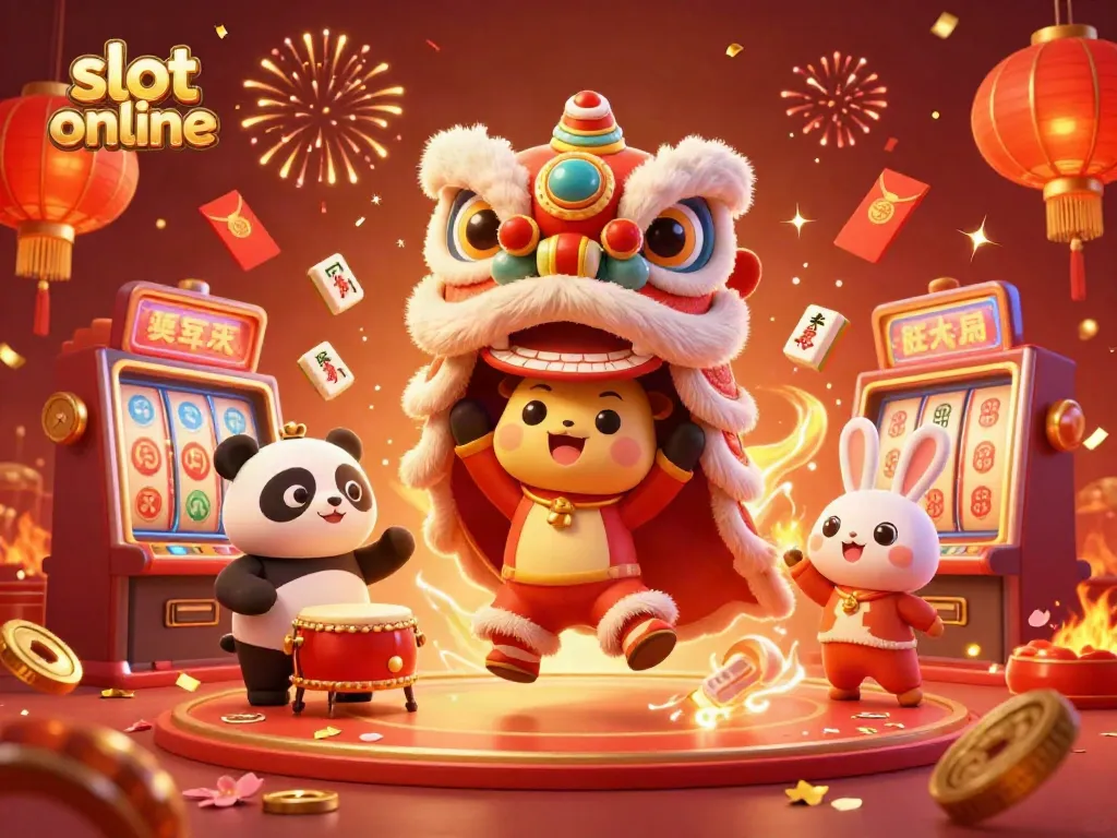 Exciting slot online scene featuring a vibrant Chinese lion dance with characters celebrating around dynamic slot machines.
