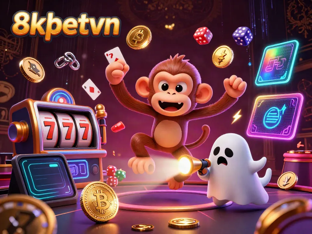 Engage with the vibrant 8xbetvn scene featuring a mischievous poltergeist monkey juggling luxury casino items and a curious ghost-hunter puppy tracking it.