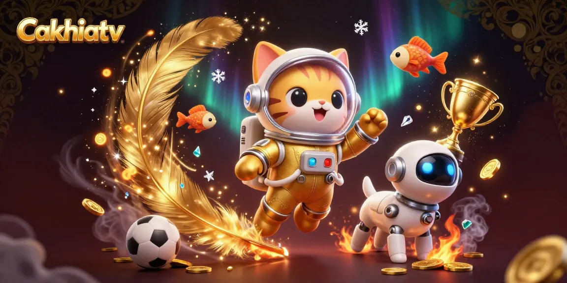 Cakhiatv showcases thrilling sports betting action with a cartoon astronaut cat, colorful coins, and a dynamic background.