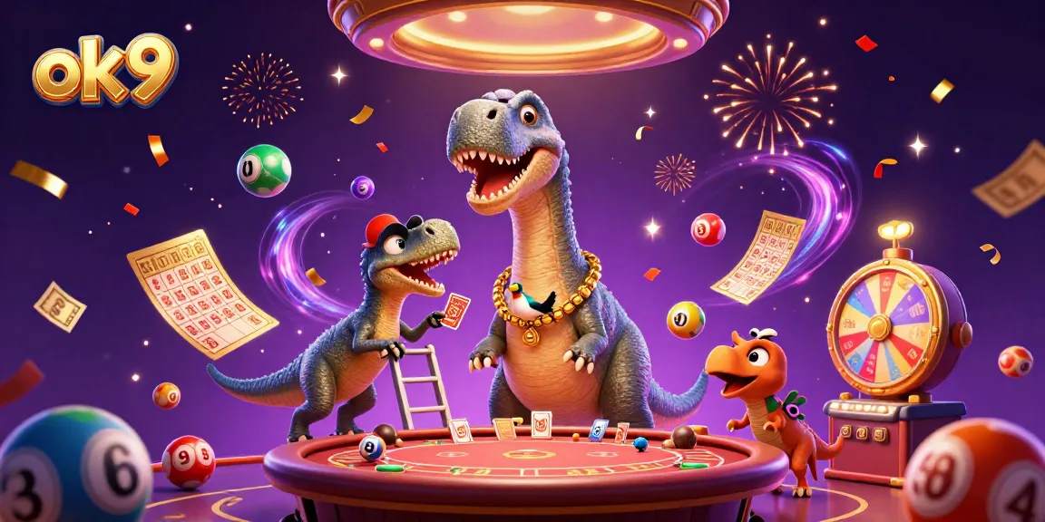 Engage in thrilling gaming with ok 9 where a brontosaurus interacts with a clever raptor in a vibrant casino.