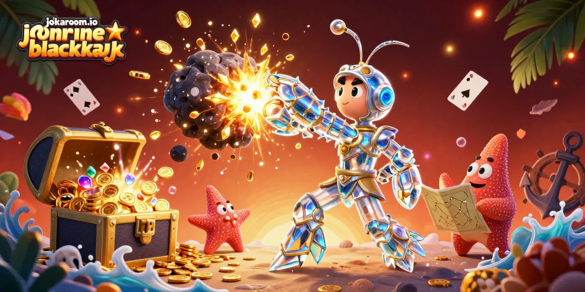 Experience the excitement of jokaroom.io online blackjack with a vibrant 3D cosmic scene of action and rewards.