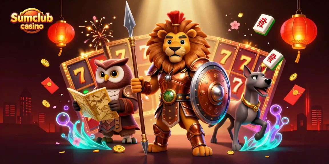 Experience the thrill of the Sumclub casino with a dynamic illustration showcasing a Spartan lion, tactical owl, and swift greyhound surrounded by slots and festive elements.